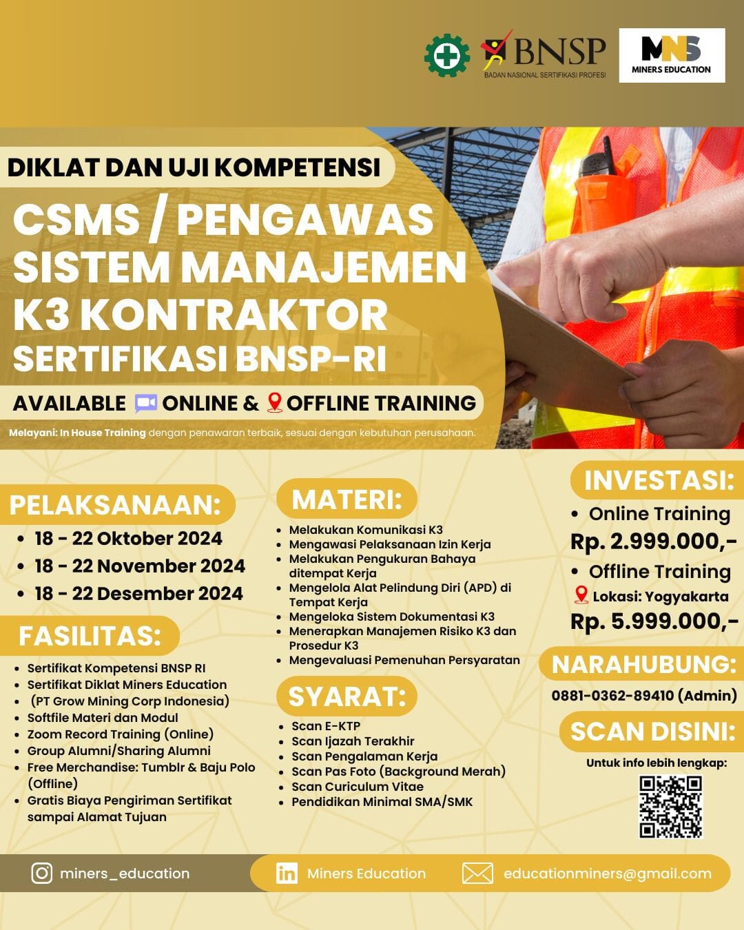 Diklat dan Uji Kompetensi CSMS / Pengawas Sistem Manajemen K3 Kontraktor Sertifikasi BNSP-RI