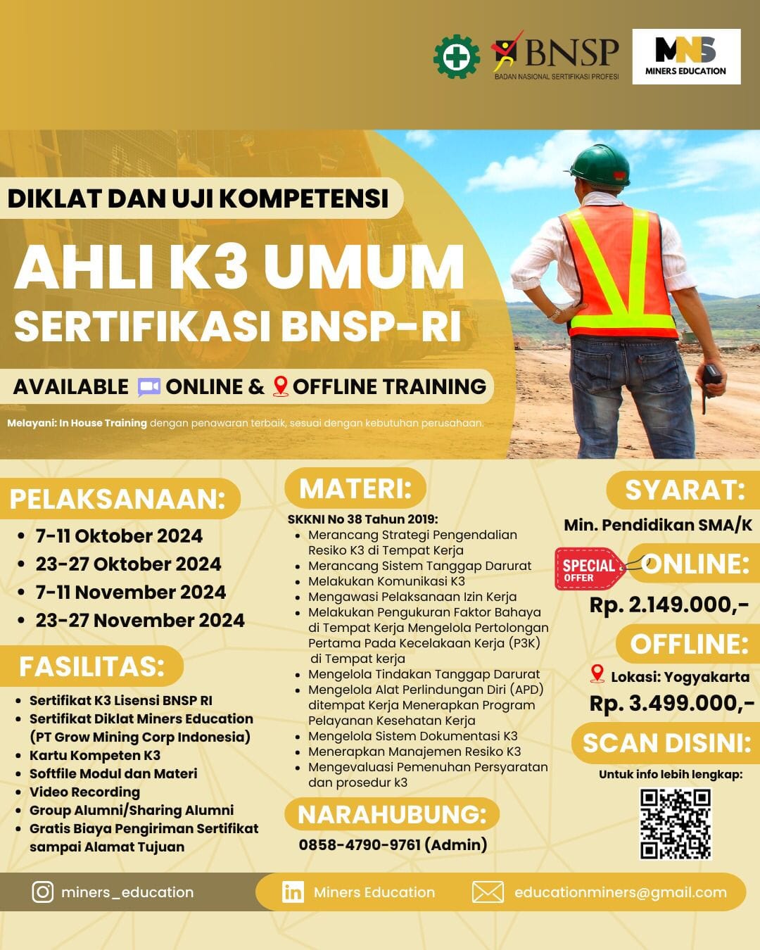 Diklat dan Uji Kompetensi Ahli K3 Umum - BNSP RI (Online)