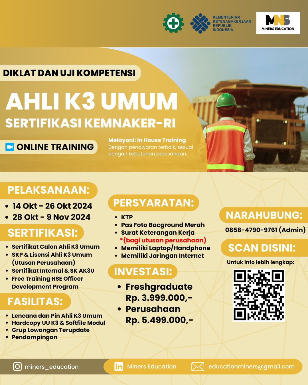 Diklat dan Sertifikasi Ahli K3 Umum - KEMNAKER RI (Freshgraduated)