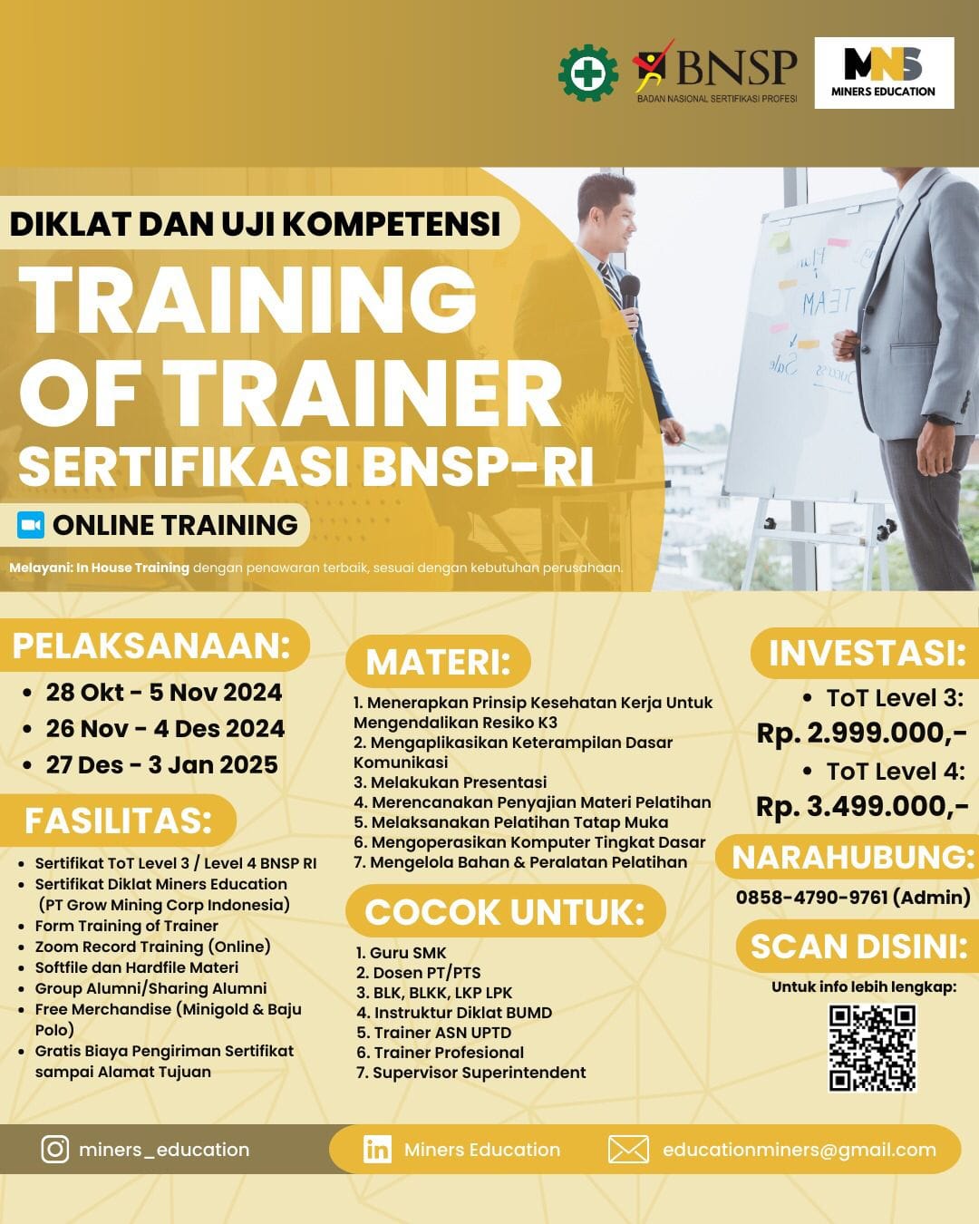 Diklat dan Uji Kompetensi Training of Trainer (ToT) Level 3 - BNSP RI (Online Training)