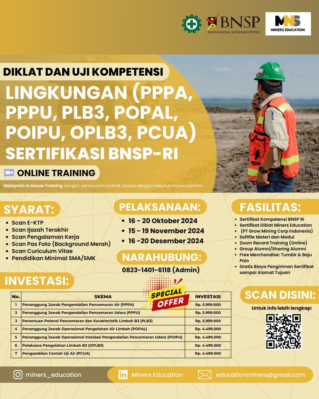 Diklat dan Uji Kompetensi Penanggung Jawab Pengendalian Pencemaran Air (PPPA) - BNSP RI (Online Training)